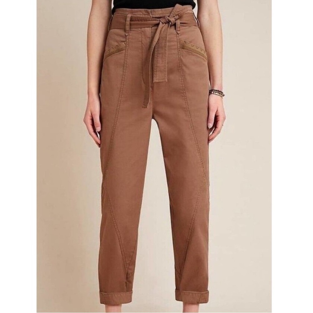 Anthropologie Ellie Embroidered Utility Pants Paperbag Cargo Brown Women’s 0
